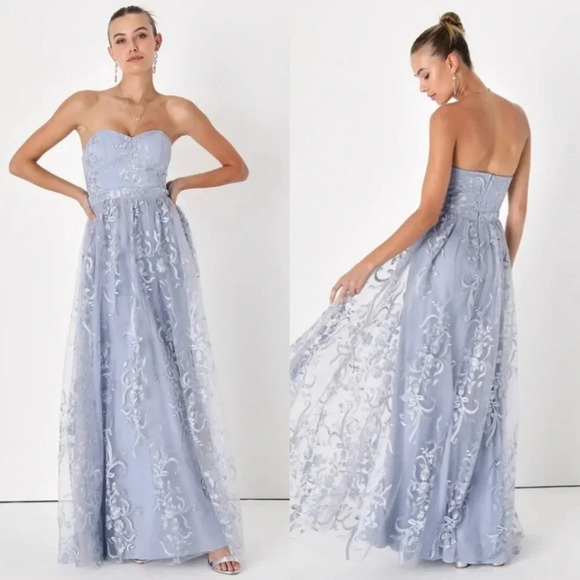 Lulu's Andria Slate Blue Embroidered Strapless Maxi Dress Wedding Party Guest - Picture 1 of 10